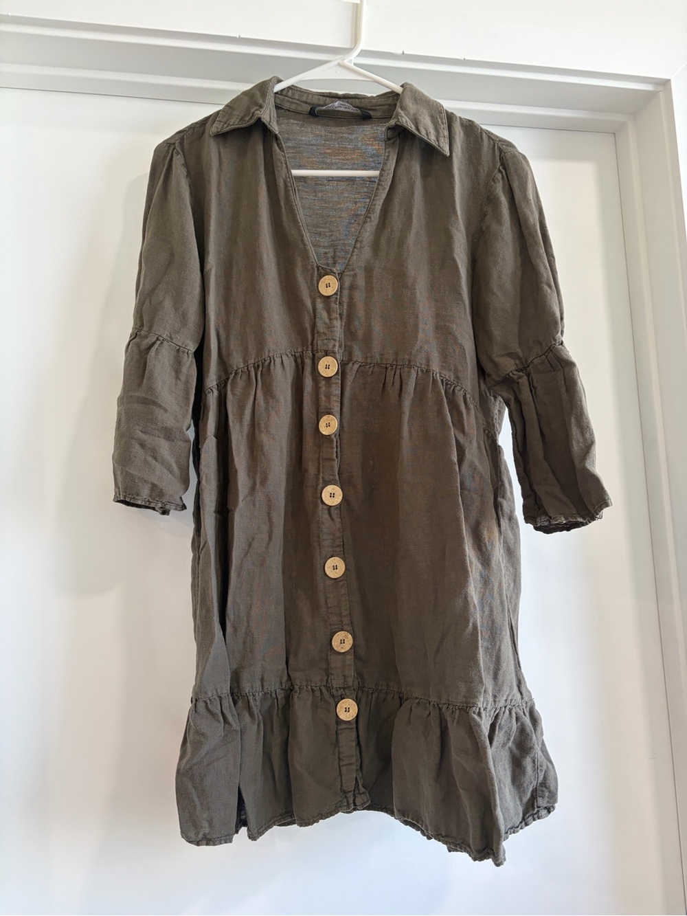 Zara Olive Green Button-Front Tiered Mini Dress